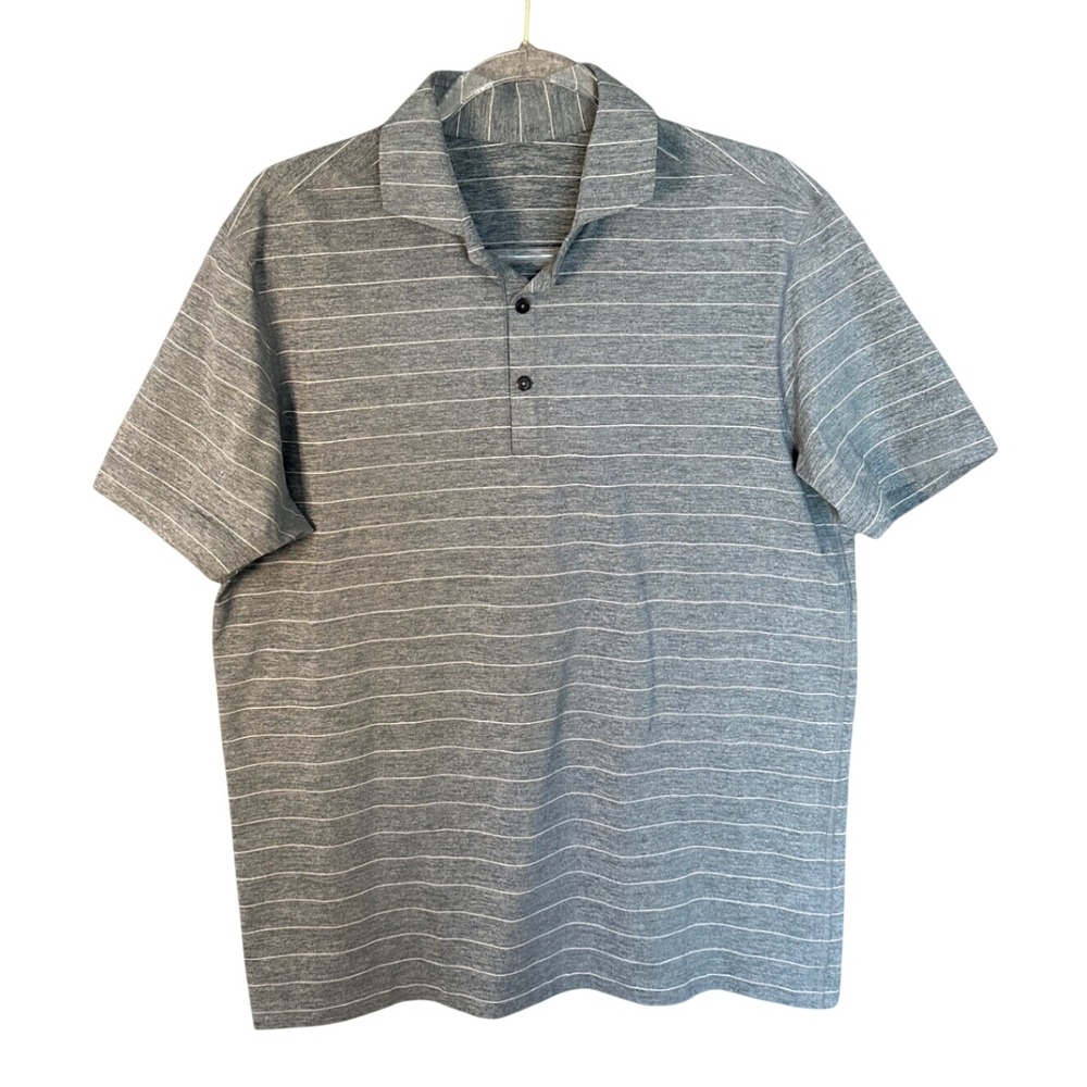 Lululemon Mens Evolution Polo Shirt Grey White Striped Short Sleeve Size L